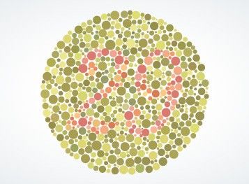 Farbenfehlsicht wie etwa die Rot-Grün-Sehschwäche lässt sich mit speziellen Farbtafeln wie dieser, der so genannten Ishihara-Farbtafel, erkennen. Grafikerin: Dana Zymalkowski