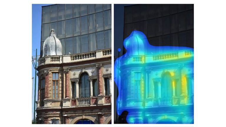 Ein Gebäude aus den 1920ern vor einer Glasfassade in Teheran (links). Die Falschfarbendarstellung zeigt, wie stark ein Mensch die Gebäude wahrnimmt (rechts). Gelbe Strukturen ziehen den Blick am stärksten, blaue und schwarze Objekte am wenigsten an. Die Glasfassade im Hintergrund wird also kaum wahrgenommen